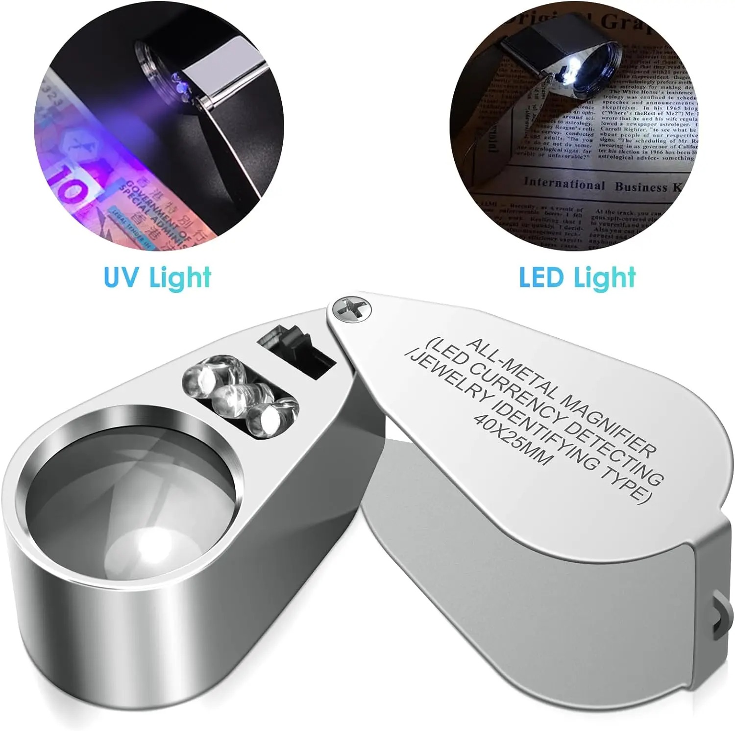 Body Jewelry Repair - แว่นขยายสำหรับช่างอัญมณี 40X พร้อมไฟ LED และแสง UV